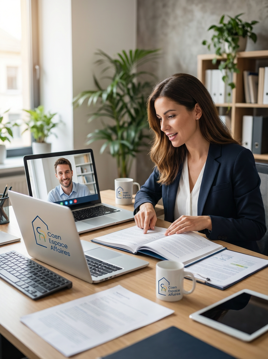 Femme en visioconférence dans un bureau moderne