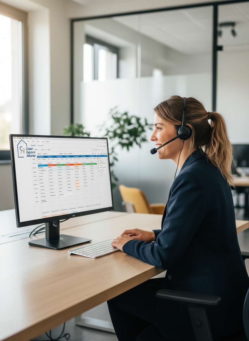 Employée de bureau travaillant sur ordinateur avec casque